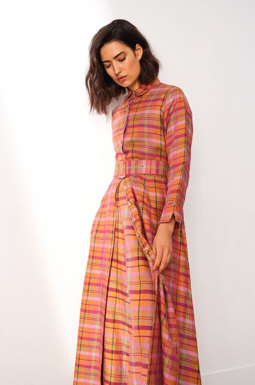 The Long Fitted Summer Coat - Cinnamon Check Linen