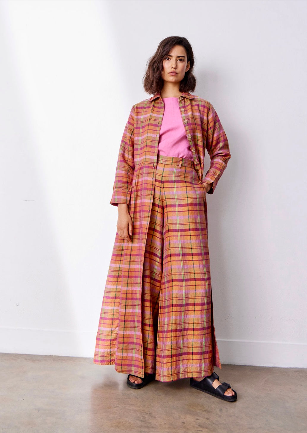 The Long Fitted Summer Coat - Cinnamon Check Linen