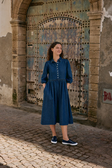 long denim dress uk Tencel Denim Dress: Vintage-inspired Fit & Flare With Rose Buttons